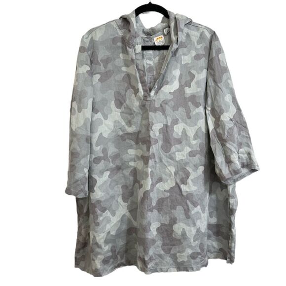 C&C CALIFORNIA‎ 100% LINEN CAMO HOODIE TUNIC TOP 1X OVERSIZED PULLOVER LAGENLOOK - Picture 1 of 12